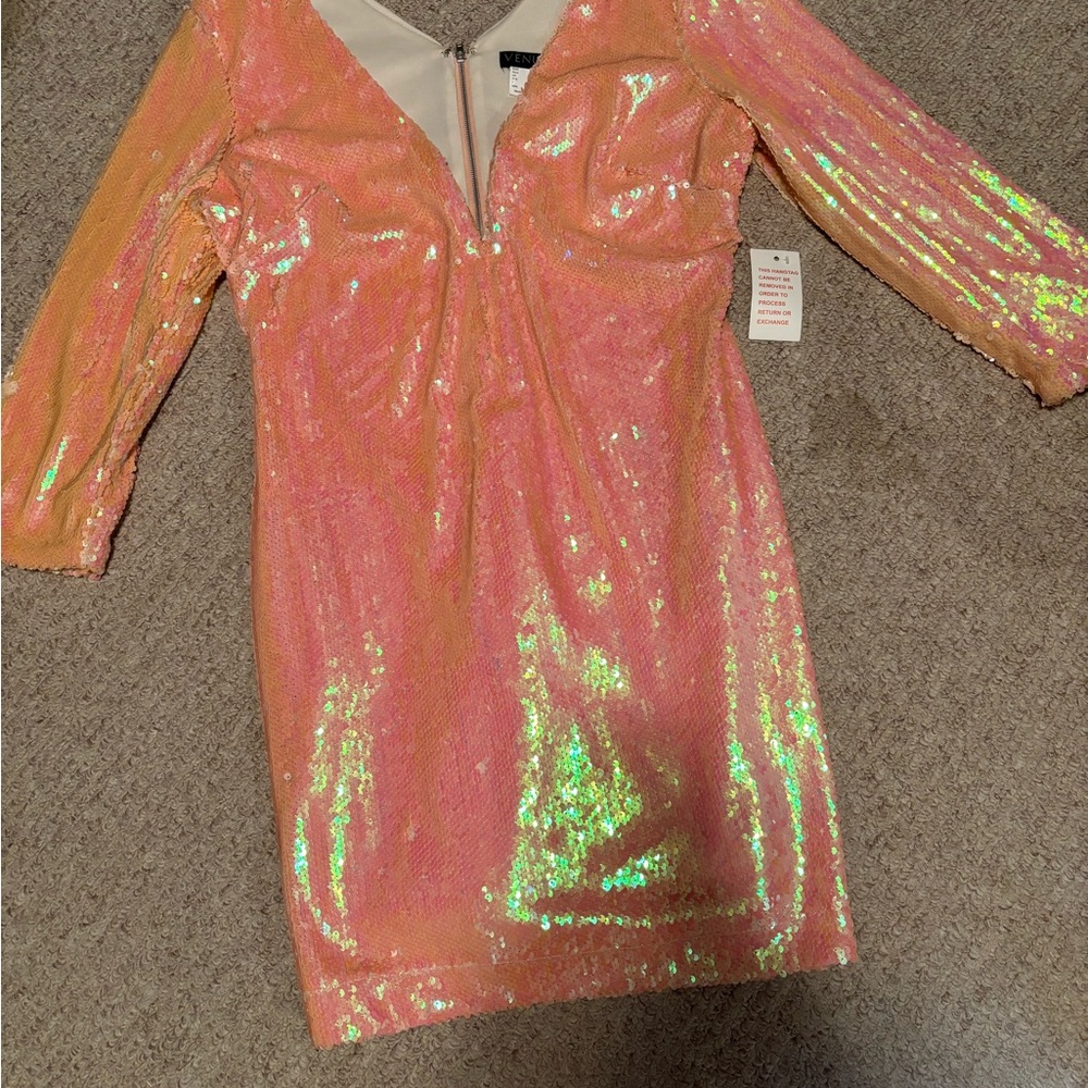 VENUS Peach Sequin Mini Dress with Iridescent Green Sheen